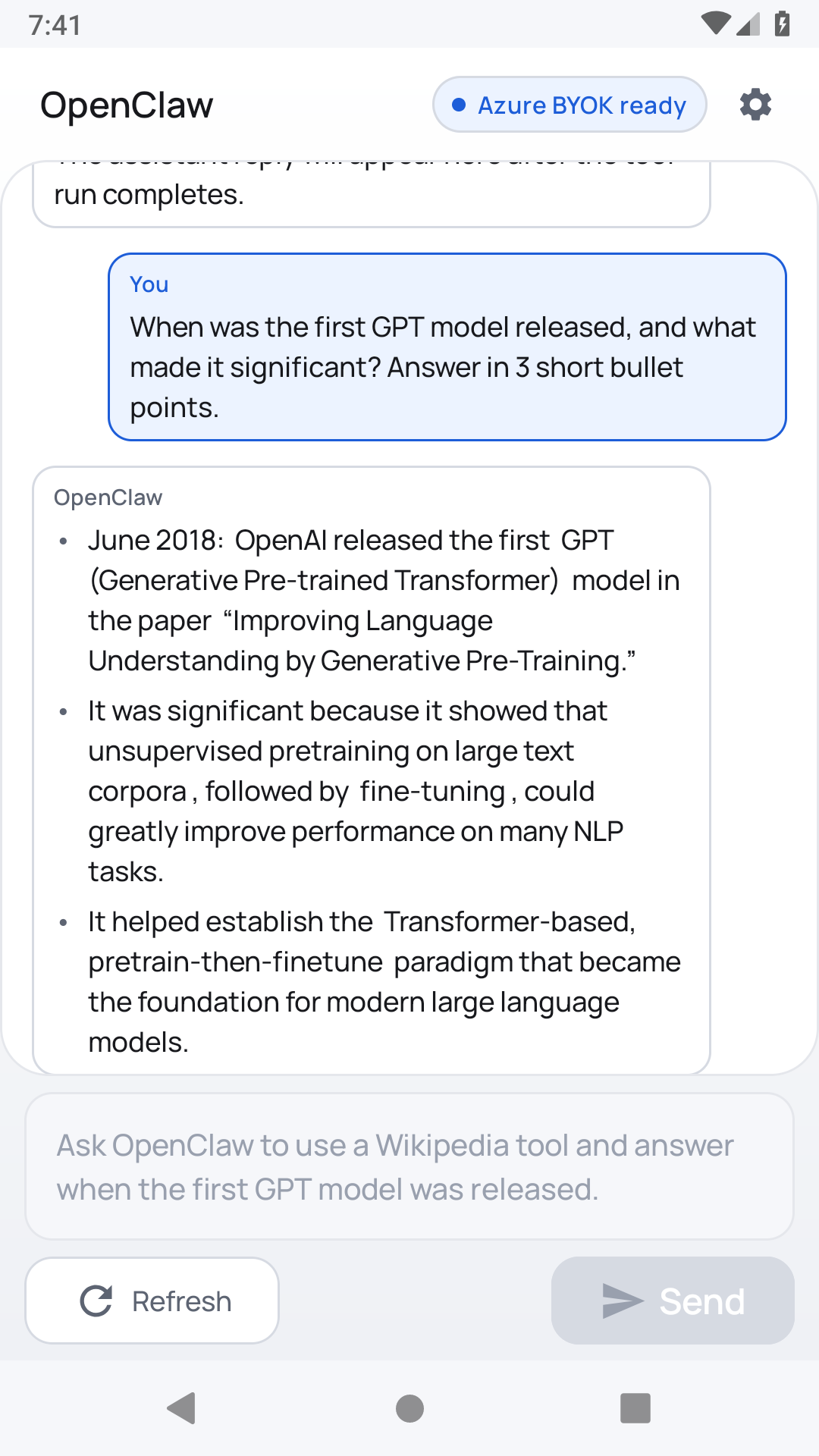 OpenClaw running a real BYOK chat on Android — the reply comes straight from the provider